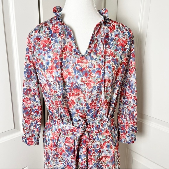 Vintage Floral Midi Dress with 3/4 Sleeves | Ruffled Collar & Waist Sash - Picture 5 of 15